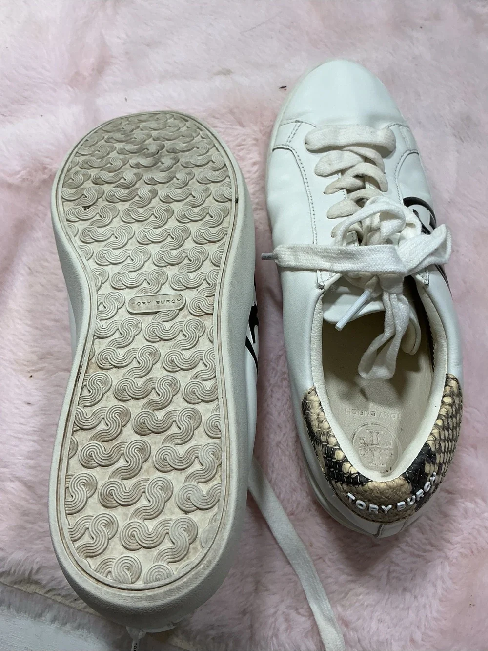 Tory Burch White Leather Sneakers with Black Logo and Snakeskin Trim 159